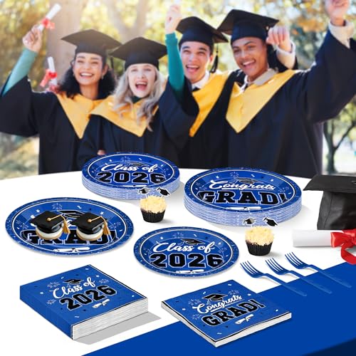Image of 200Pcs Graduation Decorations 2026, Blue Graduation Plates and Napkins Party Supplies for 50 Guests, Disposable Grad Plates, Napkins, Dessert Plates and Forks for Grad Decor Wedding Birthday Supplies