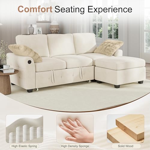 Image of Hanherry 81 inch Sectional Couch with Pull Out Sofa Bed,Chenille Sleeper Sofa with Storage Ottoman & USB Charging,Comfy L Shaped Modular Couches for Living Room,Apartment