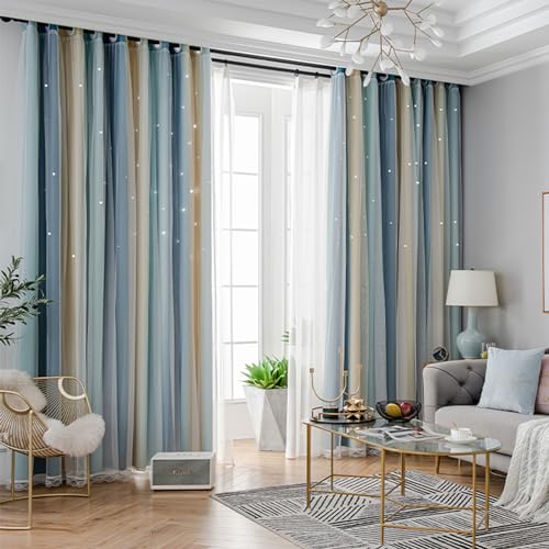 Image of Yancorp Curtains for Girls Bedroom Kids Curtain Hollow-Out Star Window Nursery Curtain 63 inches Length Room Darkening Grommet 2 Layers (Blue Beige, W34 X L42)