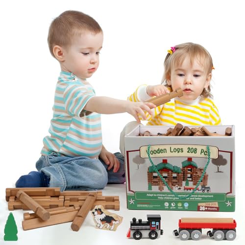 image for Wondertoys 208 Pcs Wooden Log Set - Classic Building Logs Ages 3+ - Be