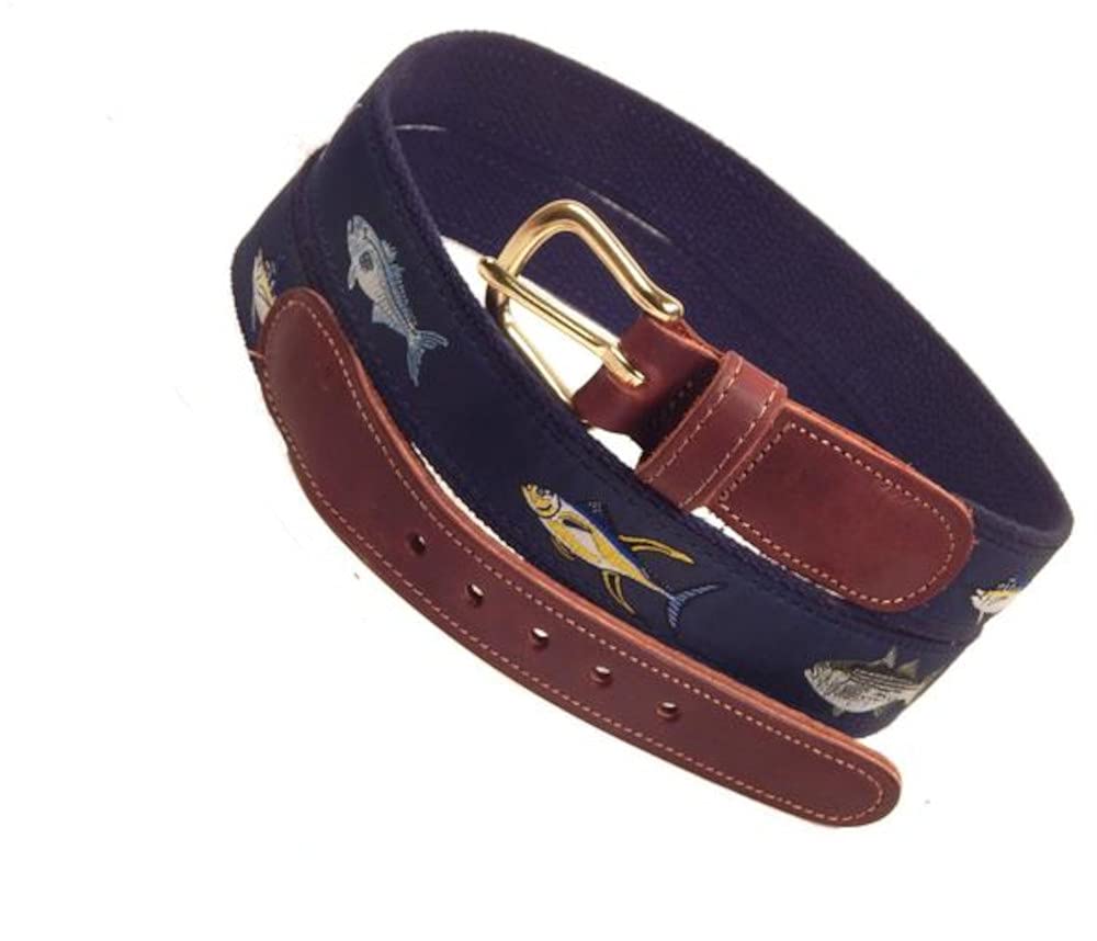 Preston Leather Navy Blue Four Fish Striped Bass, Bluefish, Marlin, and Yellow-Fin Tuna Men's Belt