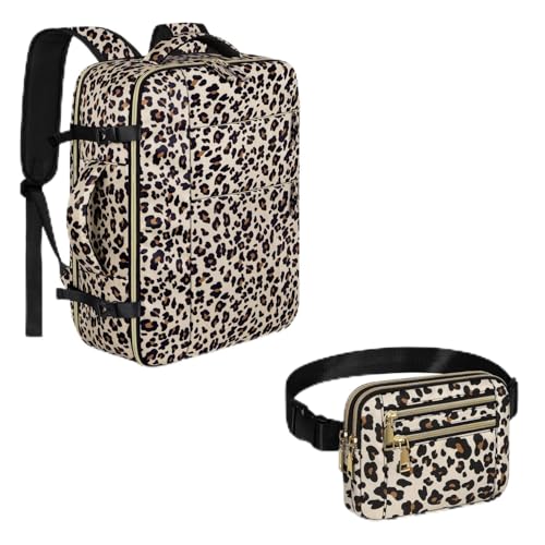 Capolo Leopard Print Travel Backpack + Matching Leopard Print Fanny Packs