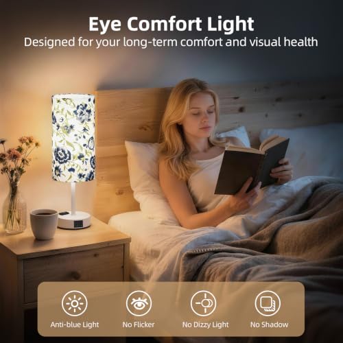 Image of Table Lamp, Dimmable Touch, AC Outlet, USB A+C (Printed&White) | 3-Way Dimmable, Small Touch Lamp with Eye-Care LED Bulb, Ideal Bright Lighting Bedside Lamps for Nightstand, Bedroom, Reading