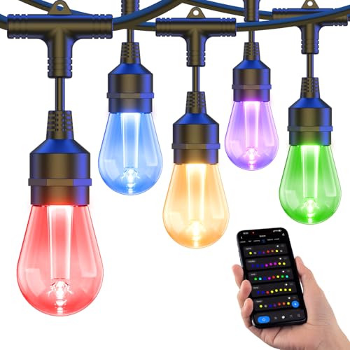 XMCOSY+ Outdoor String Lights, Smart 49Ft Patio Lights RGB, App & WiFi Control Color Changing LED String Lights with Dimmable 15 LED Bulbs, Works with Alexa, IP65 Waterproof, Shatterproof 49
