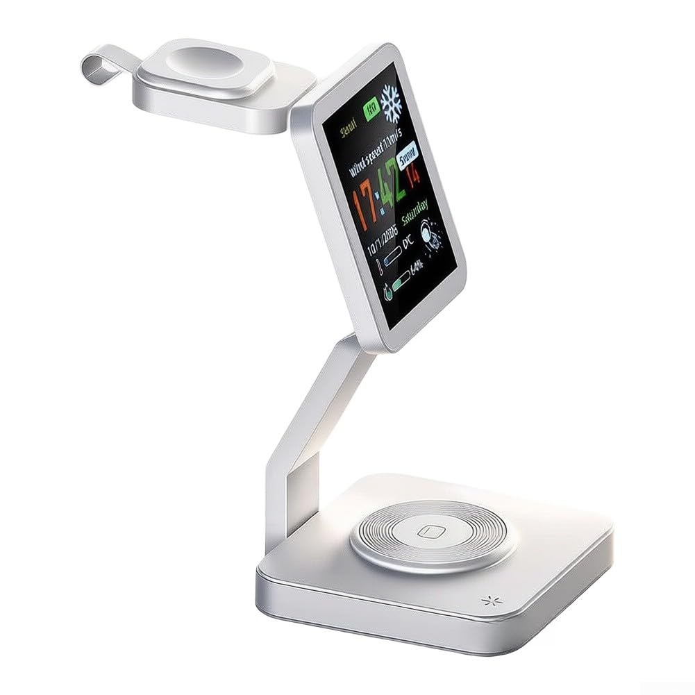 Caricabatterie wireless 3 in 1 per iPhone per Airpods Watch | Stazione di ricarica rapida ABS con display intelligente per casa e ufficio (25 W bianco per entrambi)