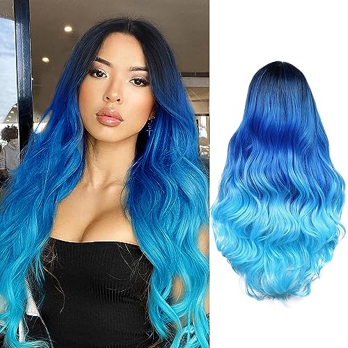 WIGER Long Blue Wavy Ombre Mermaid Wig