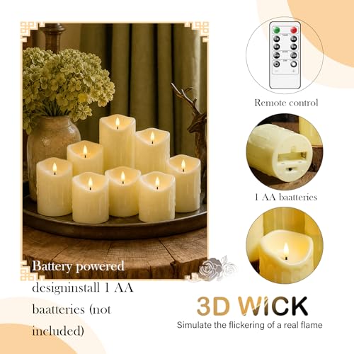 Image of 9 Pcs Flickering Flameless LED Pillar Candles, (D 3 inch x H 3 inch 4 inch 5 inch 6 inch 7 inch) Battery Operated with Remote Plastic Wax Drip Fake Candles for Home Wedding Holiday Decor,Ivory