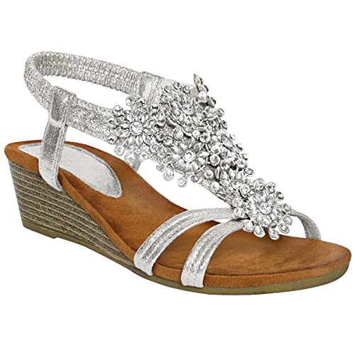 Womens Summer Sandals Strappy Flower Diamante Low Heel Flat Wedges Soft Floral Comfy Lightweight Holiday Open Toe Cosy Shoes