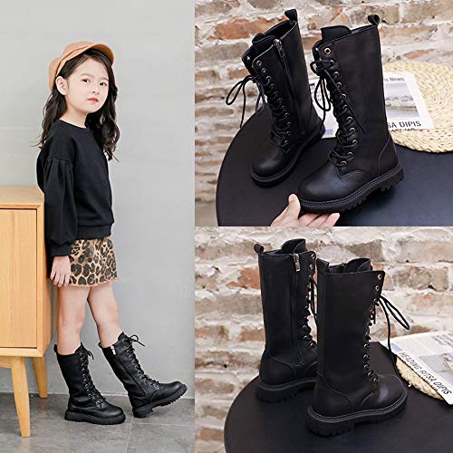 Kid's Girls Knee High Fashion Riding Boots Girl's Lace-Up Side Zipper Mid Calf Combat Boots Dress Princess Shoes Girls Leather Winter Boots2