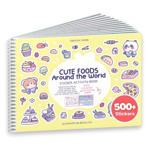 Girly Sticker Book Activity for Kids, Cute Foods Around The World by Cupkin, Toddler Airplane Travel Essentials, 500+ Stickers for Kids 12 Scenes + Coloring Book Pages, Crafts Ages 2-8