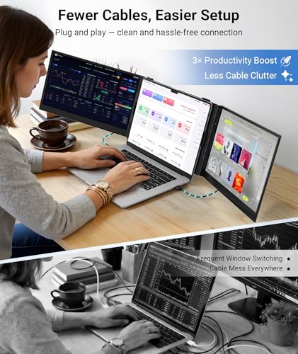 Image of 14 inch Triple Laptop Screen Extender, FHD 1080P IPS Ultra-Thin Portable Monitor, 2.2lbs Plug & Play USB-C /HDMI Travel Monitor for 13 inch-17 inch Laptops, Compatible with Windows, Mac, Android, Chrome