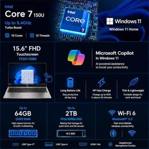 Image of HP 15.6 inch Touchscreen Laptop, 10-Core Intel Core 7 150U, 16GB RAM, 1TB SSD, FHD IPS Display, Privacy Camera, Numeric Keypad, Copilot AI Key, Wi-Fi 6, Windows 11