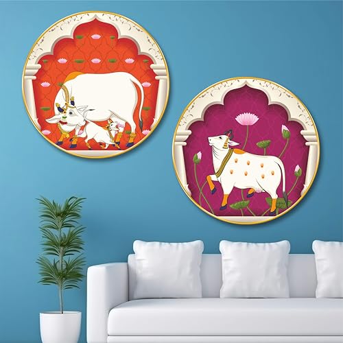 Image of SAF Livin'Luxe Premium Round Cow Wall Art For Living Room,Gau Mata Indian Traditional Golden Frame Painting,HD Print Sparkle Laminated Painting,Decorative Wall Frame For Home Temple Pooja Room 23 In