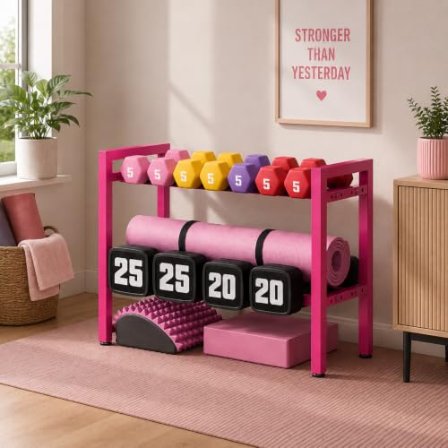 Image of WINSTAR 2-Tier Adjustable Dumbbell Rack | Heavy-Duty Home Gym Weight Storage Stand for Dumbbells & Kettlebells | Space-Saving Home Gym Organizer (Rack Only, Fuchsia Pink)