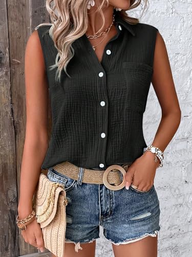 Image of GLASGO Women's 100% Cotton Sleeveless Button Down Shirt | Casual Summer Collared Tank Top | Soft Breathable Fabric Stylish Piece