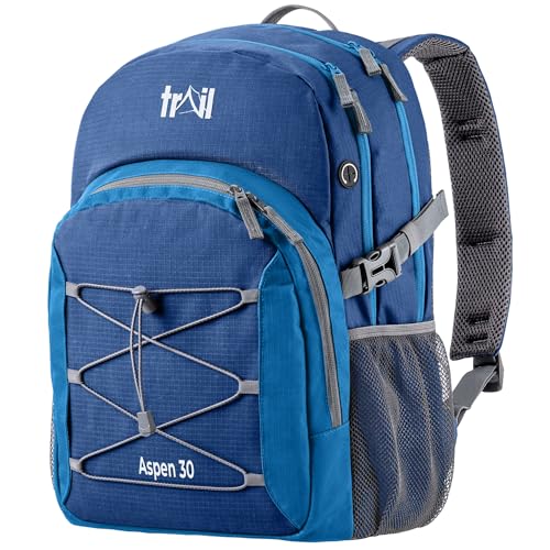 Trail Aspen 30L Day Pack Backpack for School Work Hiking Camping Travelling, Breathable Padded Back & Straps, 3 Zip Compartments, Internal Pockets, Bungee Cords, USB/Headphone Port, Water Resistant