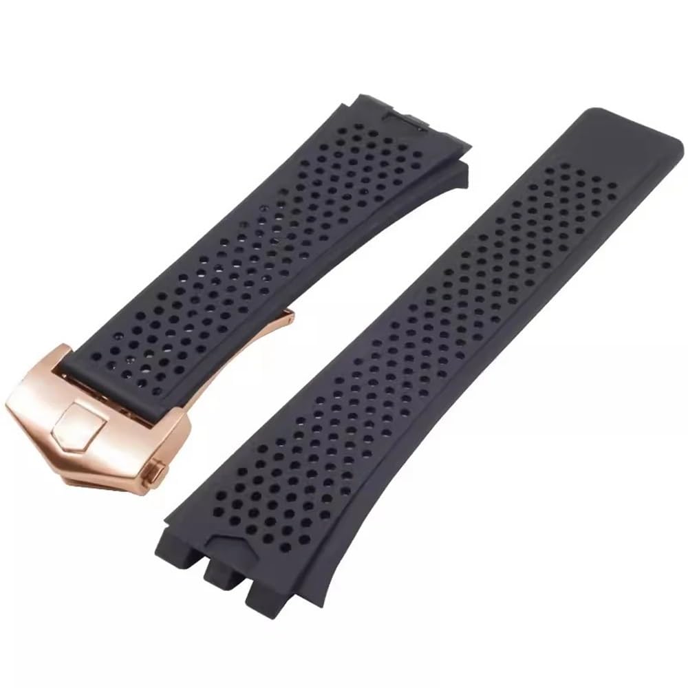 AMAUPCKCA Silicone Watch Band For TAG HEUER Carrera Series Watch Strap For Men's Concave Convex Interface Watchband Black Bracelet 22MM(Black-rosegold)