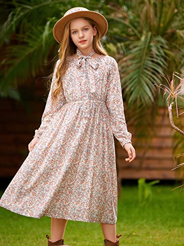 Girls Casual Elastic Crew Neck Floral Printed Solid Color A-line Swing High Waist Midi Belted Dress with Pocket3