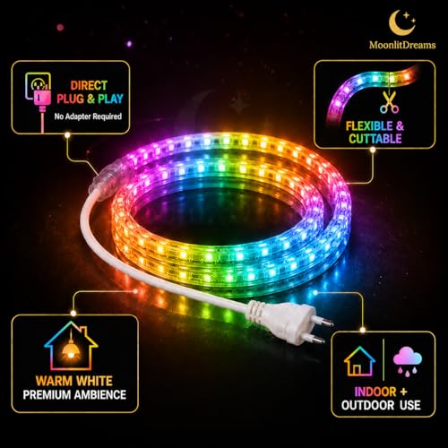Image of MoonlitDreams 3M LED Rope Light - Multicolor Waterproof Decorative Strip, 48 LEDs /m Plug-in Running Lights for Balcony, Ceiling, Garden, Home, Outdoor, Party, Festival & Christmas Decoration