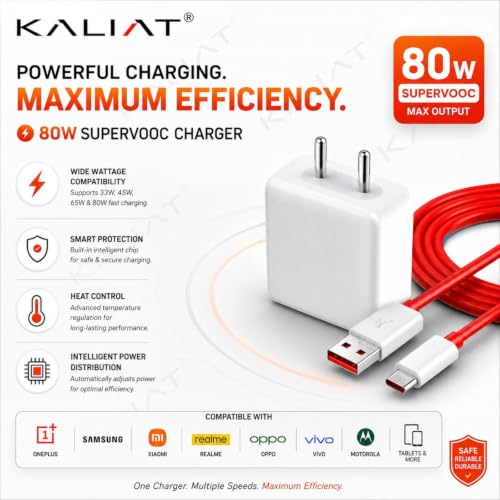 Image of C Type Charger Cable Fast Charging - 80W | USB-A Charger with 1M Type C Cable | Warp /Dart Charge Compatible with OnePlus Mobile & Other Type C Devices | Fast Data Sync & Smart Protection Chip