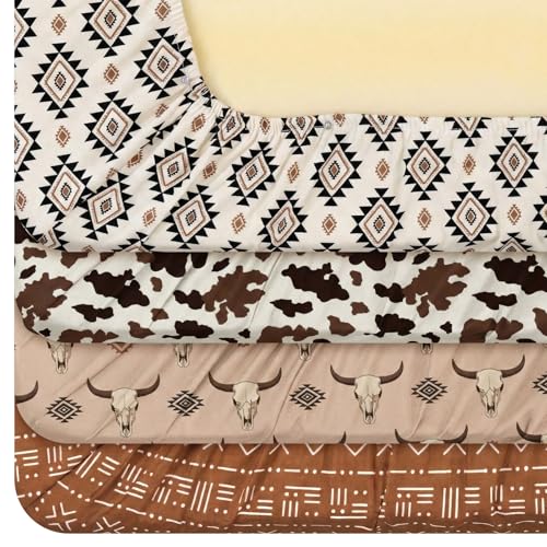 Image of VitalCozy 4 Pcs Aztec Western Crib Sheet Set Newborn Bedding Nursery Baby Sheets for Girl Boys Baby Gifts for Standard Crib and Toddler Mattresses, 52 x 28 x 8 Inches