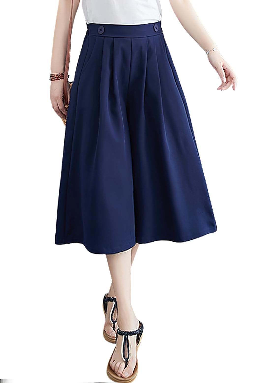 chouyatou Womens Summer Casual Chiffon Culottes Capri Pants High Waist Wide Leg Palazzo Pants Shorts