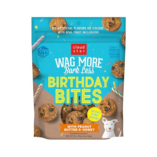 Cloud Star Wag More Bark Less Birthday Bites Dog Treats, Peanut Butter & Honey 5 oz. Bag Cloud Star Wag More Bark Less Birthday Bites Dog Treats, Peanut Butter & Honey 5 oz. Bag
