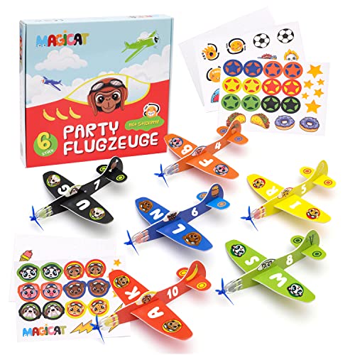 Magicat Avión planeador de espuma Premium con pegatinas I Set de 6 aviones de juguete para niños y niñas I Ideales como regalos infantiles para jugar al aire libre I DIY Glider Planes Kids
