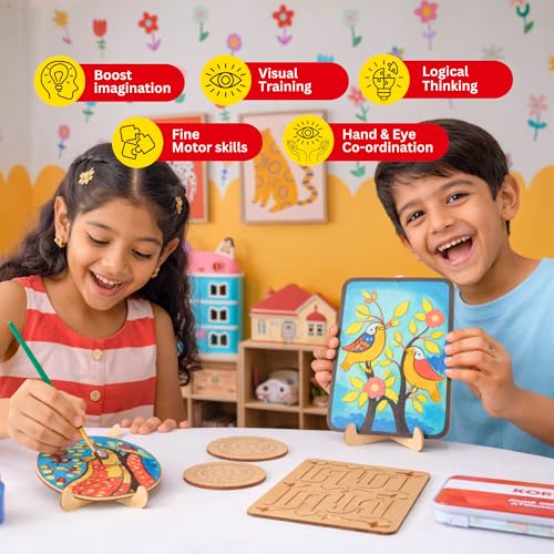 Image of Kores Madhubani Art Kit for Kids (8-18 Years) | Traditional Indian Folk Art DIY Kit | Paint 4 Coasters & 2 Wall Hangers | 40+ Elements | Creative Craft Set