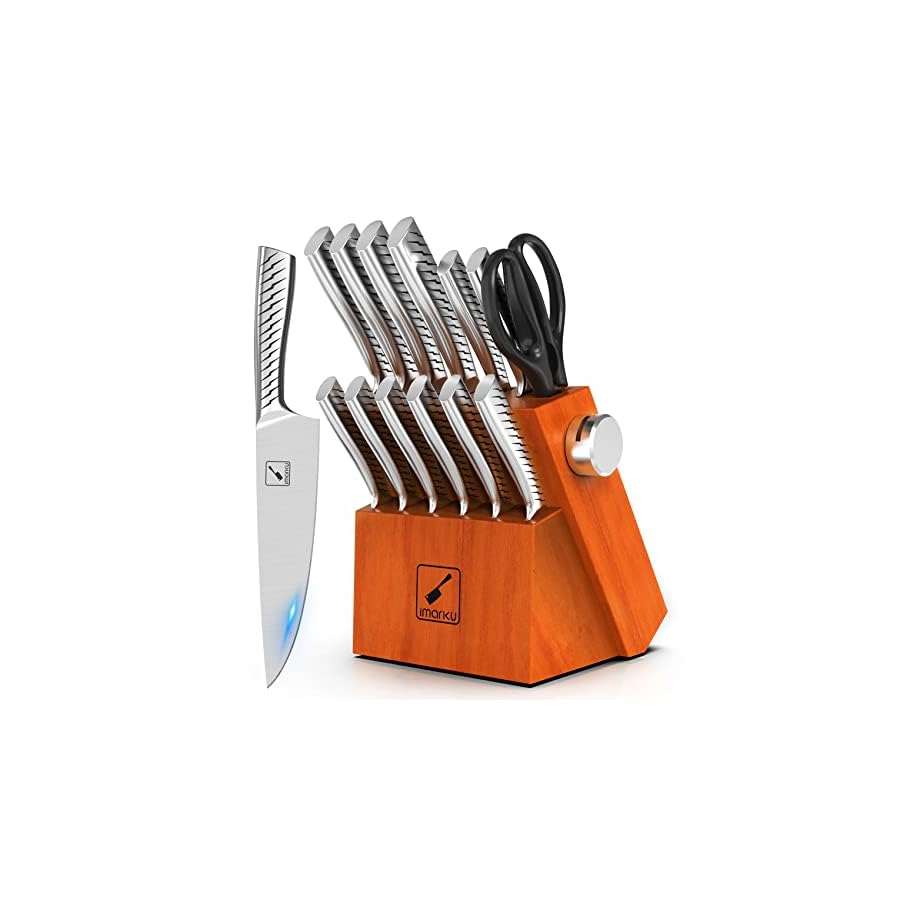 imarku Knife Set, 14PCS Knife Sets for kitchen with block, One-Piece Kitchen Knife Set with Built-in Sharpener, Stainless Steel Chef Knife Set with Lightning Stripes Handle, Dishwasher Safe(Wood)