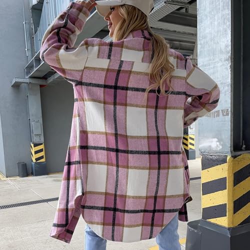 Womens Long Flannel Coats Plaid Shacke Oversuits Long Sleeves Suit Collar Casual Button Down Loose Trendy Jackets4