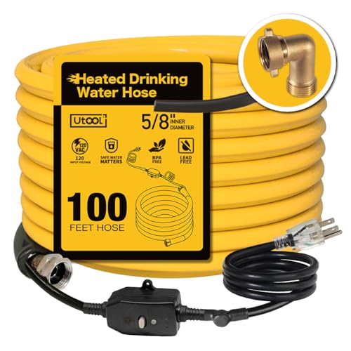 Image of UTOOL 100 FT Heated Water Hose for RV Camper with 90 Degree Elbow, NSF 372 Drinking Water Certified Garden Hose, Automatic Thermostat Antifreeze Protection to -40F, 5 /8 inch ID, 3 /4 inch GHT Adapter