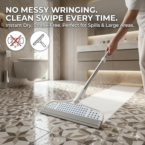 Image of Floor Wiper with Silicone Blade Magic Broom Water Squeegee for Bathroom Tile Marble Glass Walls Balcony Mirrors Floors Carpet Cleaning180Swivel Head Adjustable Long Handle Multipurpose Cleaning wiper