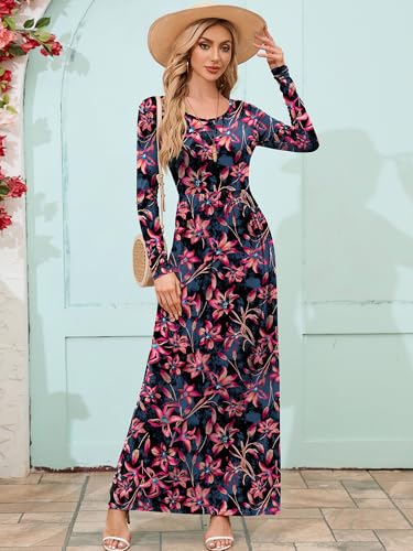 Image of DEARCASE Women's Maxi Dress Long Sleeve Crewneck Empire Waist Long Dresses | Empire Waist,round neck,floor length, dual side pockets, A-line,fall winter long dresses for wedding guest,party,vacation