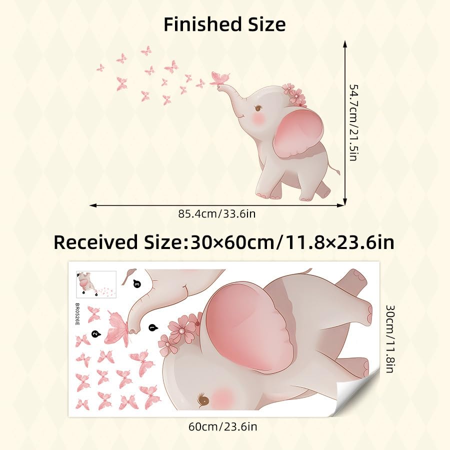 Image of Pink Elephant Wall Stickers for Baby Girl Nursery - Butterfly Animal Wall Decals Waterproof Removable - Large Nursery Bedroom Playroom Decoration for Girls Room Decor Kids