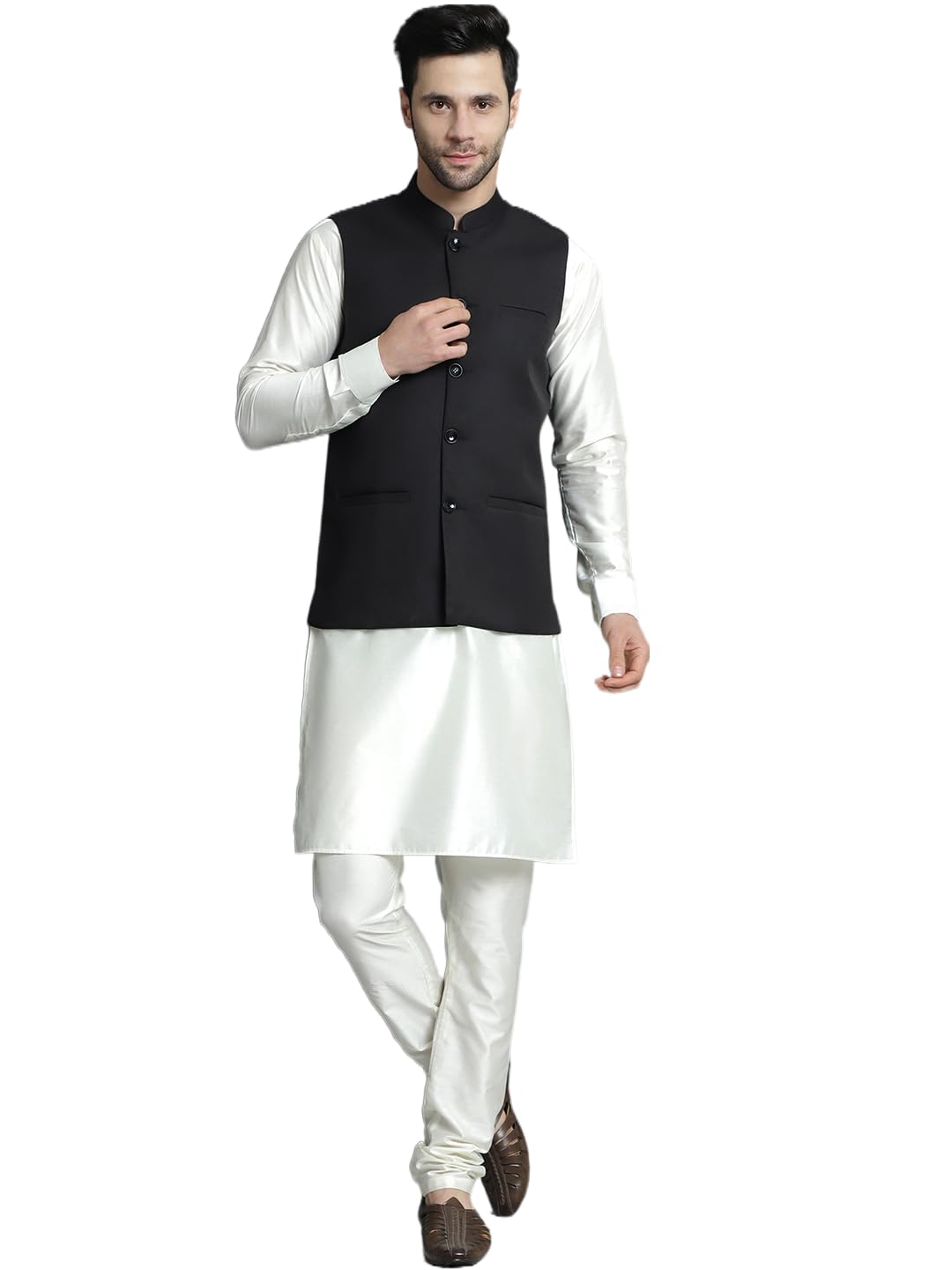 jompers Men's Solid Nehru Jacket with White Kurta & Churidar-picture-18