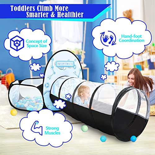 Image of 3pc Kids Play Tent for Girls with Ball Pit, Crawl Tunnel, Princess Tents for Toddlers, Baby Space World Playhouse Toys (3PC White Rocket Play Tent)