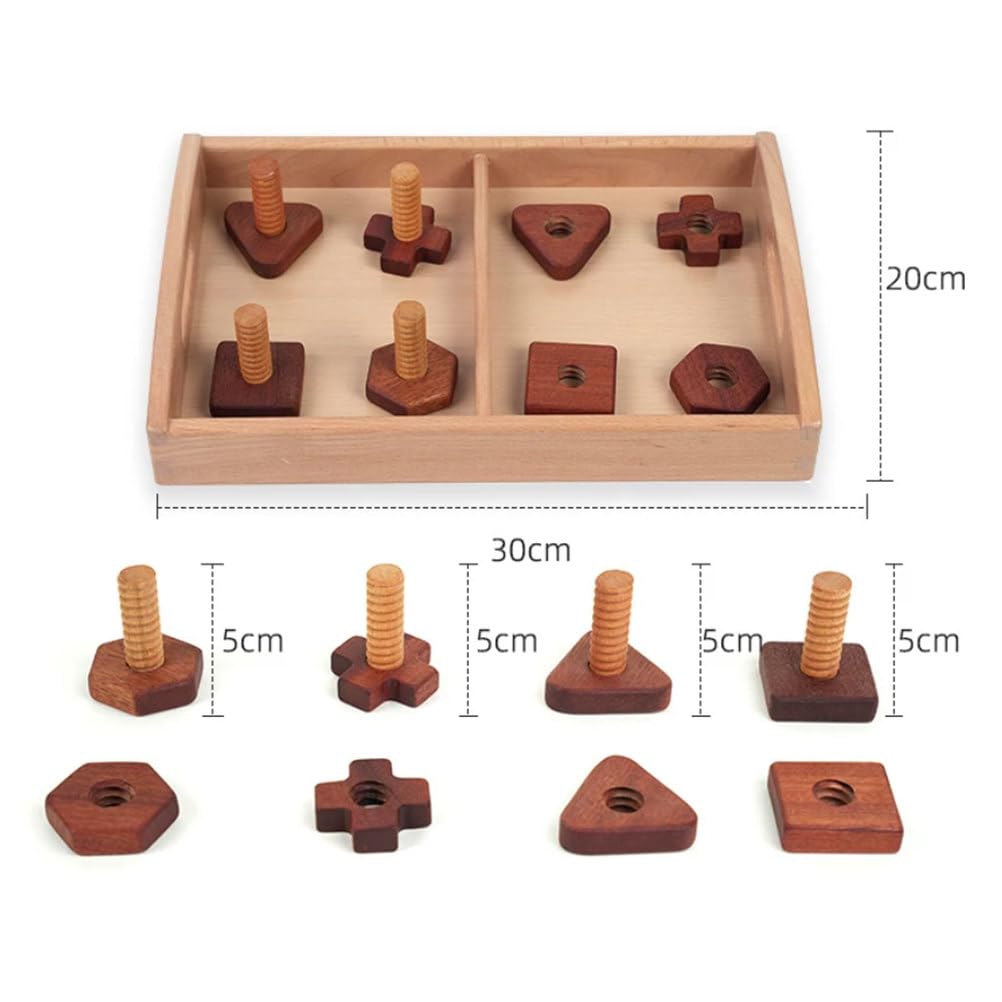 Montessori Holzschrauben-Formzuordnung-Set mit geteiltem Buchenholztablett, Kleinkind-Drehmutter-Bolzen-Förderungsspielzeug für die Feinmotorik