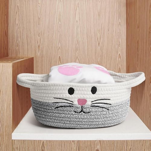 Kleiner Aufbewahrungskorb geflochten aus Baumwollseil mit Henkel – Spielzeugkorb für Kinderzimmer & Haustier – Niedlicher Baumwollkorb, Mehrzweck-Aufbewahrungskorb, zur Spielzeugorganisation,Grau