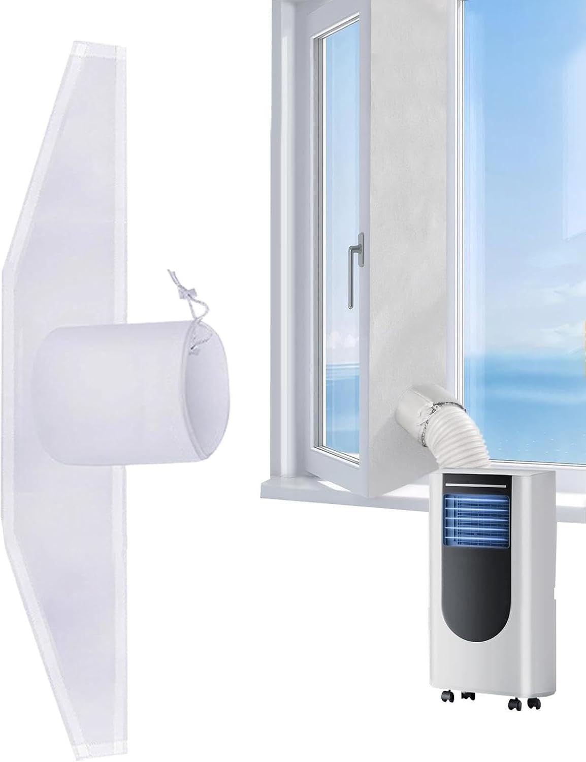 HEANCRIE Drawstring AC Window Seal Kit Fully Sealed Barrier,Universal for Casement Windows,Portable Air Conditioner Window Vent (500cm/197in)