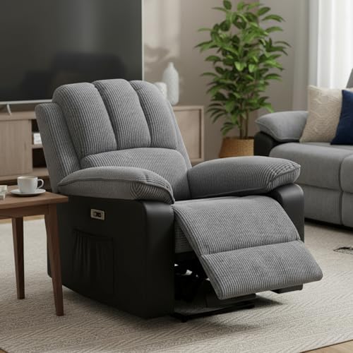 BSTSEL Electric Recliner Armchair For the Elderly with Massage & Heat Extended Footrest USB+Type C Ports Electric Recliner Chair for Living Room Bedroom (Grey Cord Fabric Recliner Chair)