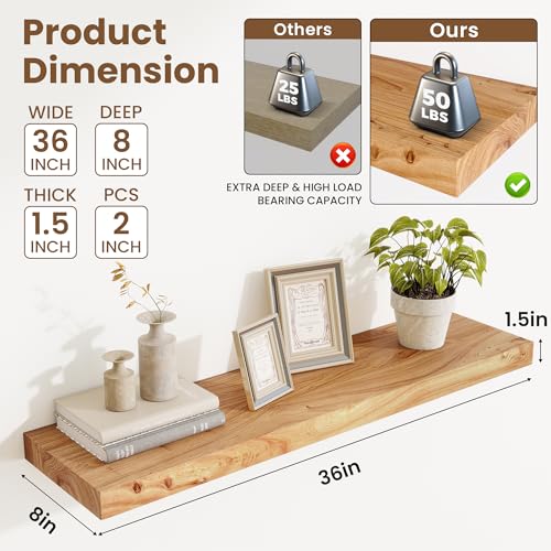 Image of Acovy Extra Deep 36 inch Long Rustic Solid Wood Floating Shelves for Wall, Wall Shelves with Invisible Bracket for Living Room Bathroom Bedroom Kitchen, Set of 2, Natural