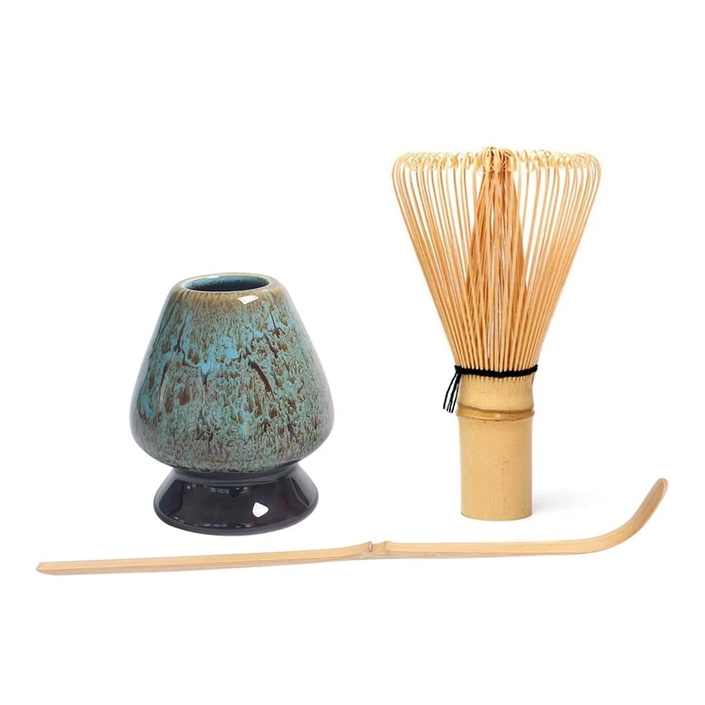 Beauenty Matcha Whisk Set 3 pcs-Handmade Bamboo Whisk and Holder, Tea Scoop (Matcha Stirrer 100 Prong)- Traditional Japanese Matcha Kit, Ceramic Whisk Holder for Japanese Tea Ceremony (Blue)