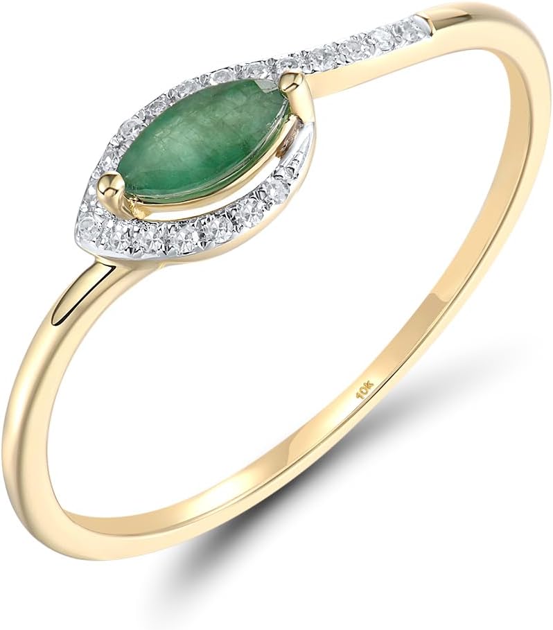 Santuzza 10K Solid Gold Eye Shape Genuine Diamond Gemstone Dainty Ring for Women