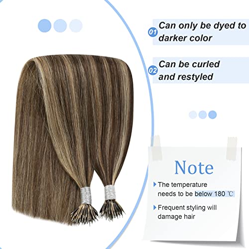 Image of YoungSee 20in Nano Bead Hair Extensions Dark Brown Highlight Caramel Blonde Nano Hair Extensions Brown Human Hair Nanolink Hair Extension Cold Fusion Nanoring Natural Hair 50 Strands 50g for Wedding
