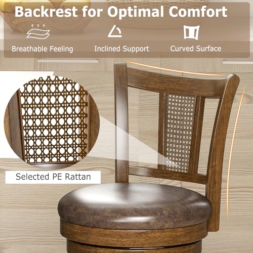 COSTWAY Butaco Silla de Barra Set de 4, Madera Maciza de Caucho con Asiento Giratorio y Tapizado en Cuero Sintético, Respaldo Curvado de PE Rattan, Marrón, Altura de Asiento 30” miniatura 5
