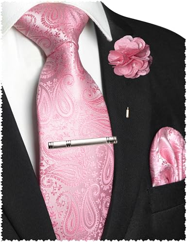 JEMYGINS Mens Pink Paisley Tie and Lapel Pin Necktie Pocket Square and Tie Clip with Sets for Business Casual 4PCS(17)
