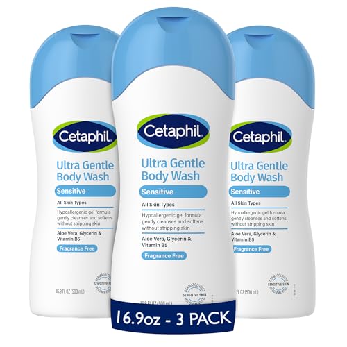 Cetaphil Ultra Gentle Body Wash, For Dry to Normal, Sensitive Skin, 16.9oz Pack of 3, Aloe Vera, Vitamin B5, Hypoallergenic, Paraben Free, Fragrance Free, Dermatologist Tested