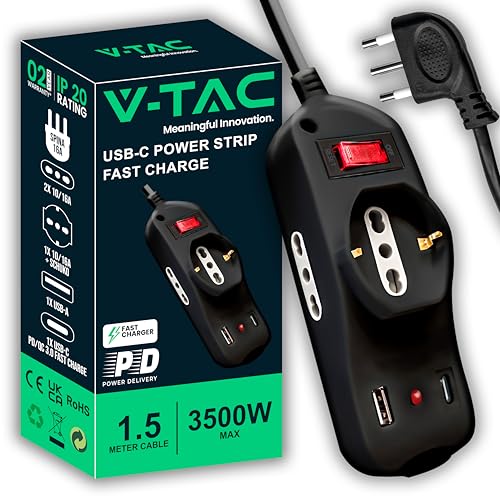 V-TAC Multipresa Elettrica USB C Power Delivery 20W + Porta + 2 Prese Laterali 10/16A Bipasso e 1 Frontale 10/16A Bipasso Schuko - Ciabatta Type-C - Presa per Casa, Ufficio
