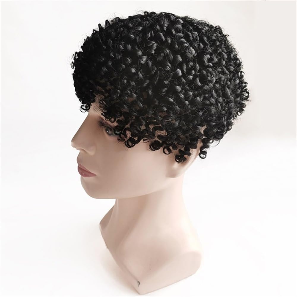 Tupecik męski Afro Curly Human Hair System Męska Peruka Oddychająca Pełna Francuska Koronkowa Proteza Włosów Treski(Jet Black)